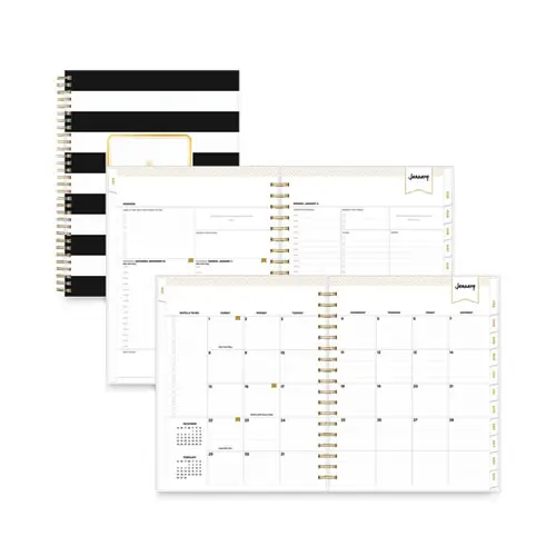 Blue Sky® Day Designer Daily/Monthly Frosted Planner, Rugby Stripe Artwork, Black/White Cover, 12-Month (July-June), 10" x 8", 2024-2025