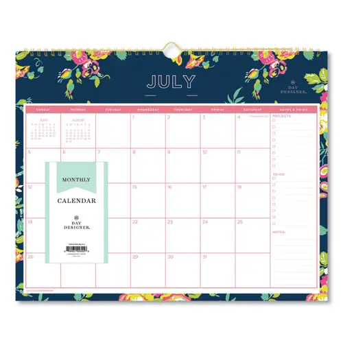 Blue Sky® Day Designer Peyton Academic Wall Calendar, Floral Artwork, 15 x 12, White/Navy Sheets, 12-Month (July to June): 2024 to 2025