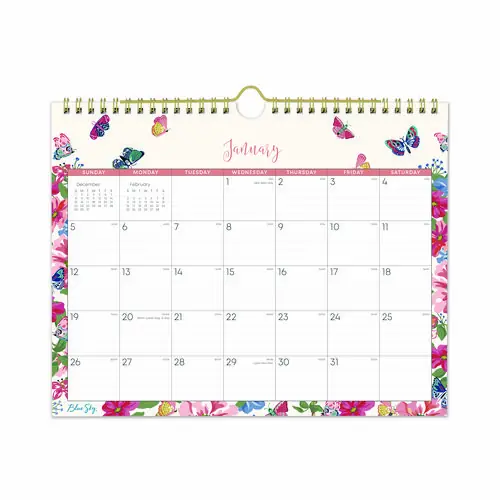 Blue Sky® Fly By Monthly Wall Calendar, Butterflies Artwork, 11" x 8.75", Cream/Pink/Blue Sheets, 12-Month (Jan to Dec): 2025