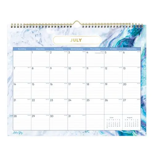 Blue Sky® Gemma Academic Wall Calendar, Geode Artwork, 15" x 12", White/Blue Sheets, 12-Month (July to June): 2024 to 2025
