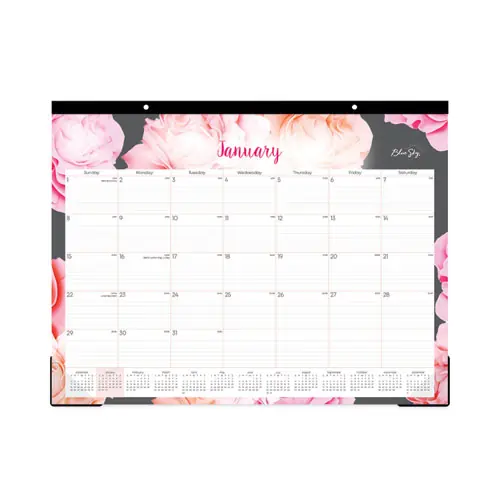 Blue Sky® Joselyn Desk Pad, Rose Artwork, 22 x 17, White/Pink/Peach Sheets, Black Binding, Clear Corners, 12-Month (Jan to Dec): 2025