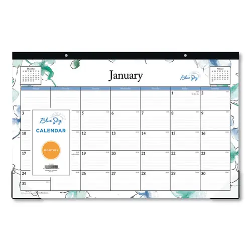 Blue Sky® Lindley Desk Pad, 12-Month (Jan to Dec 2025), Floral Artwork, 17" x 11", White/Blue/Green Sheets, Black Binding, Clear Corners