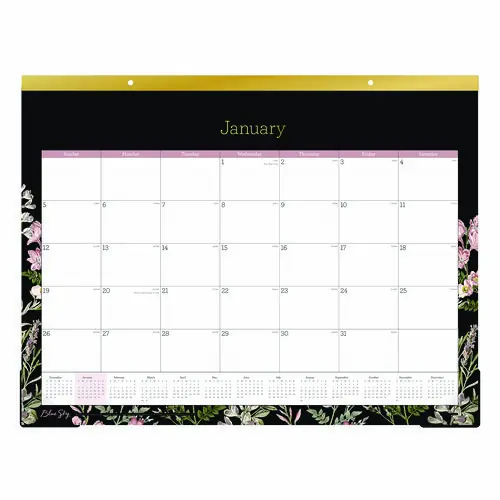 Blue Sky® Neveah Monthly Desk Pad Calendar, Floral Artwork, 22" x 17", White/Black/Pink Sheets, Gold Headband, 12-Month (Jan-Dec) 2025