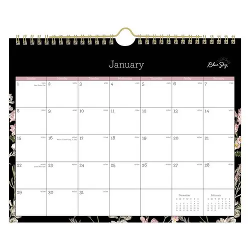 Blue Sky® Neveah Monthly Wall Calendar, Floral Artwork, 12-Month, 11" x 8.75", White/Black/Pink, 2025
