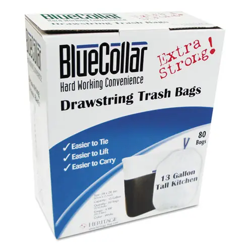 BlueCollar Drawstring Trash Bags, 13 gal, White, 40 Bags/Roll, 2 Rolls/Box