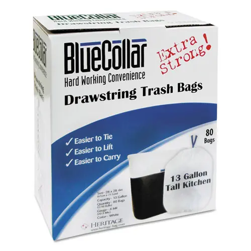 BlueCollar Drawstring Trash Bags, 13 gal, White, 80 Bags/Box, 6 Boxes/Carton