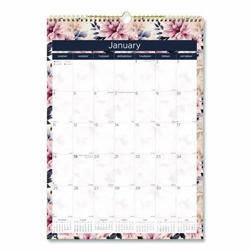 Blueline® 12-Month Colorful Wall Calendar, Floral Artwork, 12 x 17, White Sheets, 2025