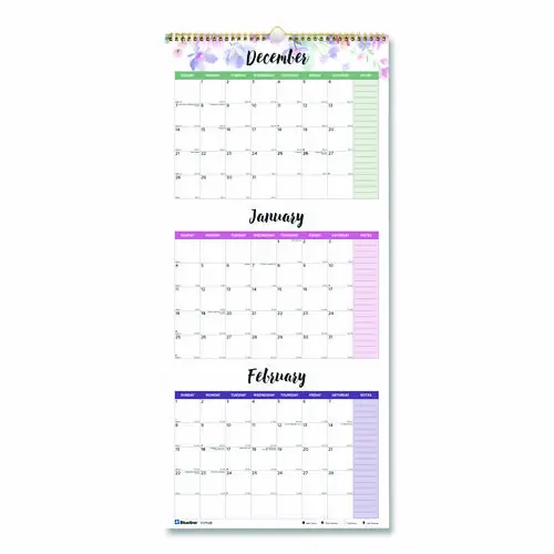 Blueline® 3-Month Wall Calendar, Colorful Leaves Artwork, 14-Month, 12.25 x 27, White/Multicolor, 2025