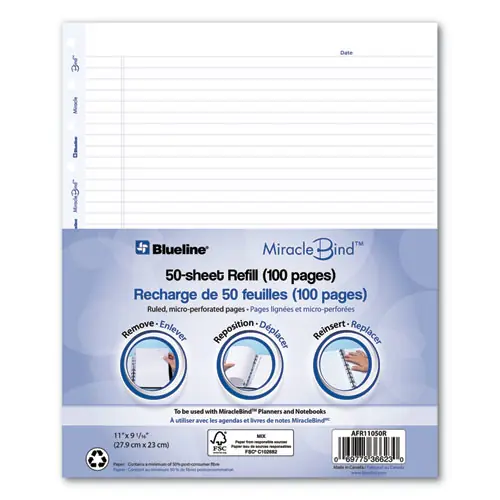 Blueline® MiracleBind Ruled Paper Refill Sheets, 11 x 9.06, White/Blue, Undated