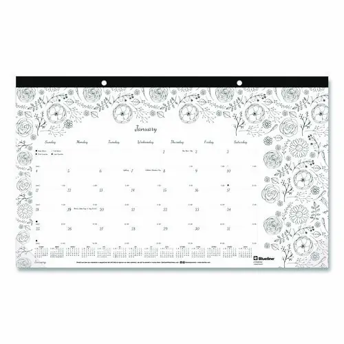Blueline® Monthly Desk Pad Calendar, DoodlePlan Coloring Pages, 17.75 x 10.88, Black Binding, Clear Corners, 12-Month (Jan-Dec): 2025