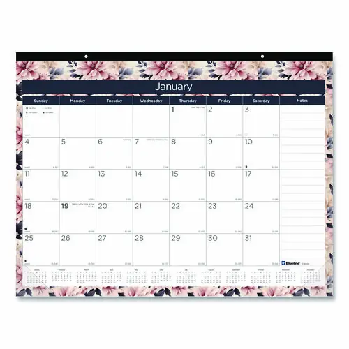 Blueline® Monthly Desk Pad Calendar, Floral Artwork, 12-Month, 22 x 17, 2025