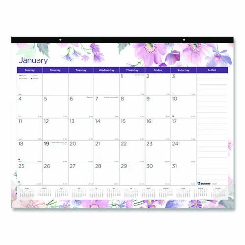 Blueline® Passion Monthly Deskpad Calendar, Floral Artwork, 22 x 17, White/Multicolor Sheets, Black Binding, 12-Month (Jan-Dec): 2025