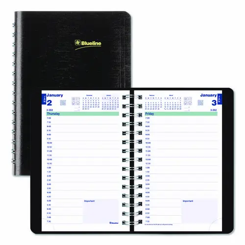 Blueline® Plan and Link Daily Appointment Book, 8 x 5, Black Distressed Faux Leather Cover, 12-Month (Jan to Dec): 2025