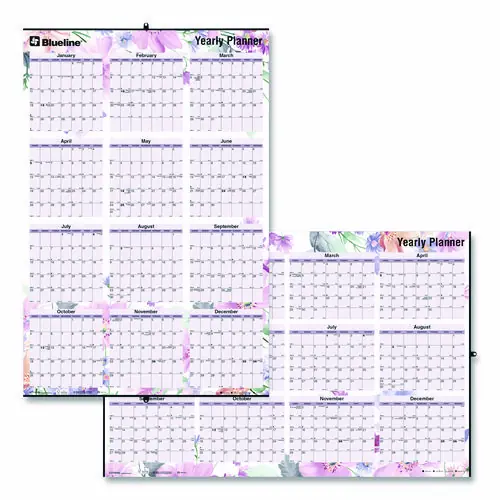 Blueline® Yearly Laminated Wall Calendar, Tropical Watercolor Artwork, 36 x 24, 12-Month (Jan-Dec), 2025