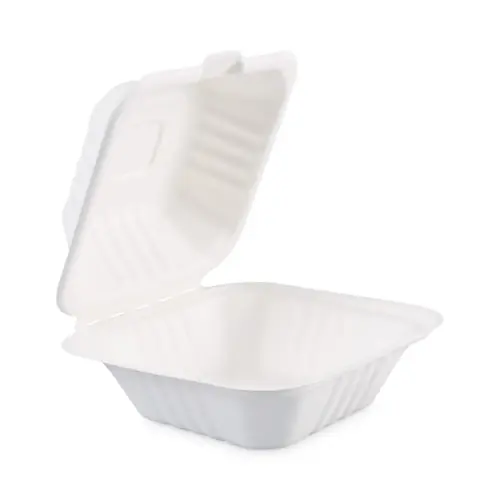 Boardwalk® Bagasse Food Containers, Hinged Lid, White, Sugarcane, 125/Sleeve, 4 Sleeves/Carton