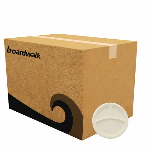 Boardwalk® Bagasse PFAS-Free 3-Compartment Plate, 10" Diameter, Tan, 500/Carton