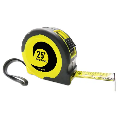 Boardwalk® Easy Grip Tape Measure, 25 ft, Plastic Case, Black and Yellow, 1/16" Graduations
