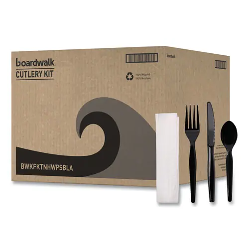 Boardwalk® Four-Piece Cutlery Kit, Heavyweight, Fork/Knife/Napkin/Spoon, Plastic, Black, 250/Carton