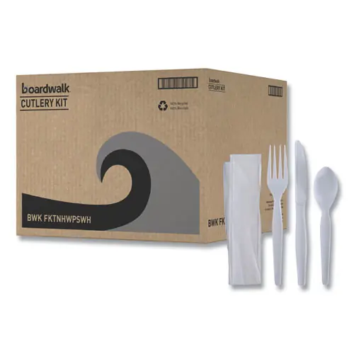 Boardwalk® Four-Piece Cutlery Kit, Heavyweight, Fork/Knife/Napkin/Spoon, Plastic, White, 250/Carton