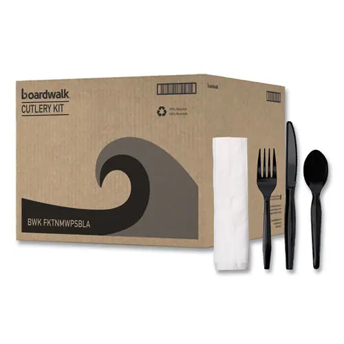 Boardwalk® Four-Piece Cutlery Kit, Mediumweight, Fork/Knife/Napkin/Spoon, Plastic, Black, 250/Carton