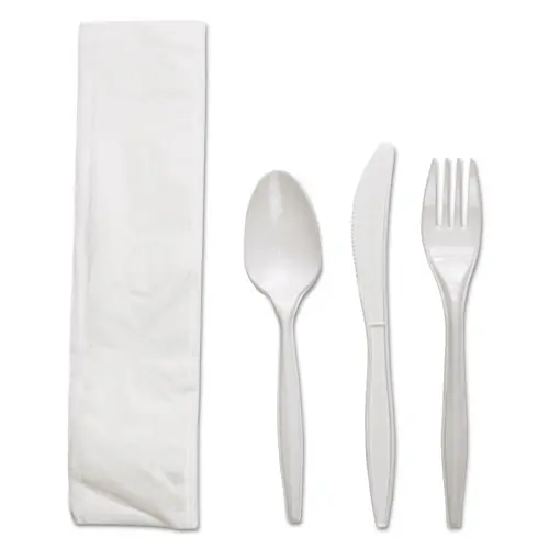 Boardwalk® Four-Piece Cutlery Kit, Mediumweight, Plastic, White, 250/Carton