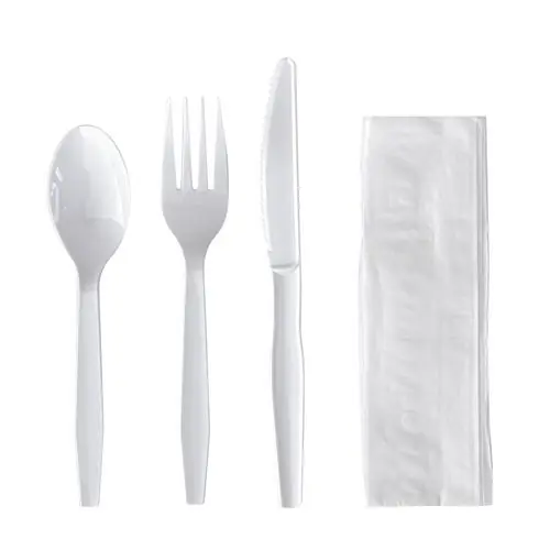 Boardwalk® Four-Piece Polystyrene Cutlery Kit, Mediumweight, Fork/Knife/Napkin/Spoon, Plastic, White, 250/Carton