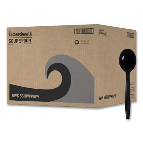 Boardwalk® Heavyweight Wrapped Polypropylene Cutlery, Soup Spoon, Plastic, Black, 1,000/Carton