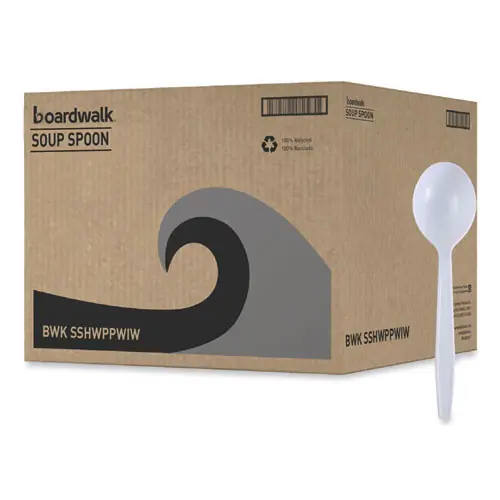 Boardwalk® Heavyweight Wrapped Polypropylene Cutlery, Soup Spoon, Plastic, White, 1,000/Carton