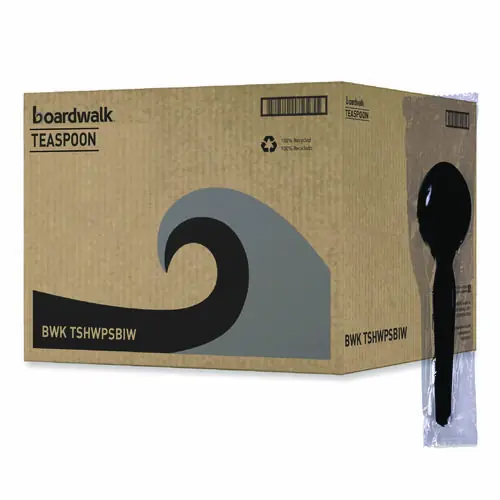 Boardwalk® Heavyweight Wrapped Polystyrene Cutlery, Spoon, Plastic, Black, 1,000/Carton