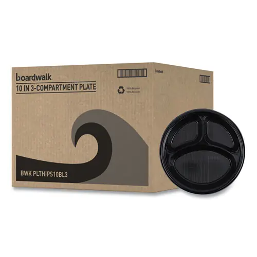 Boardwalk® Hi-Impact Plastic Dinnerware, 3-Compartment Plate, 10" Diameter, Black, 125 Plates per Sleeve, 4 Sleeves per Carton