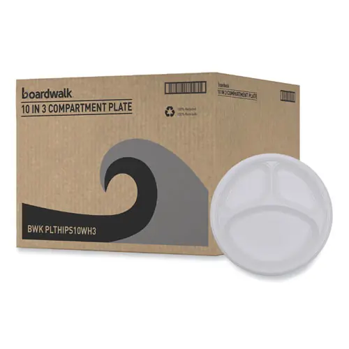 Boardwalk® Hi-Impact Plastic Dinnerware, 3-Compartment Plate, 10" dia, White, 500/Carton