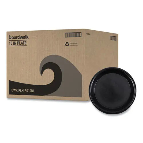 Boardwalk® Hi-Impact Plastic Dinnerware, Plate, 10" Diameter, Black, 125 Plates per Sleeve, 4 Sleeves per Carton