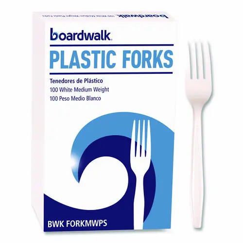 Boardwalk® Mediumweight Polystyrene Cutlery, Fork, Plastic, White, 100/Box