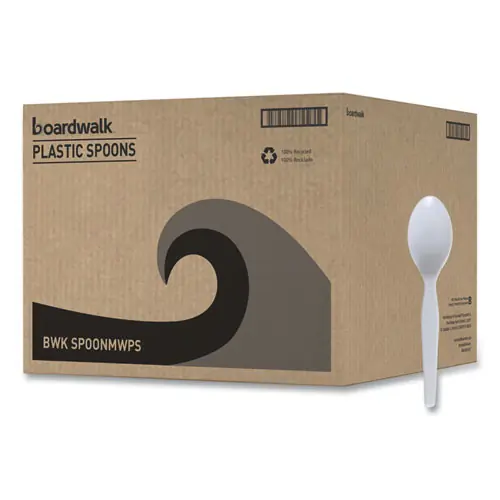 Boardwalk® Mediumweight Polystyrene Cutlery, Spoon, Plastic, White, 100/Box, 10 Boxes/Carton