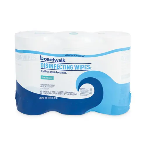 Boardwalk® Quat-Based Disinfecting Wipes, Fresh Scent, 75 Wipes/Canister, 3 Canisters/Pack
