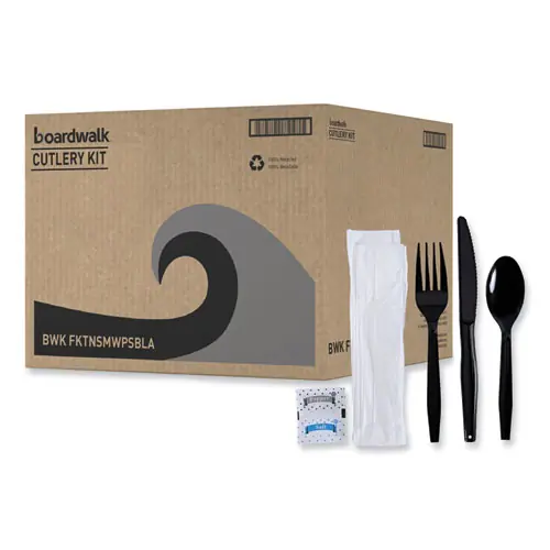 Boardwalk® Six-Piece Cutlery Kit, Mediumweight, Plastic, Black, 250/Carton