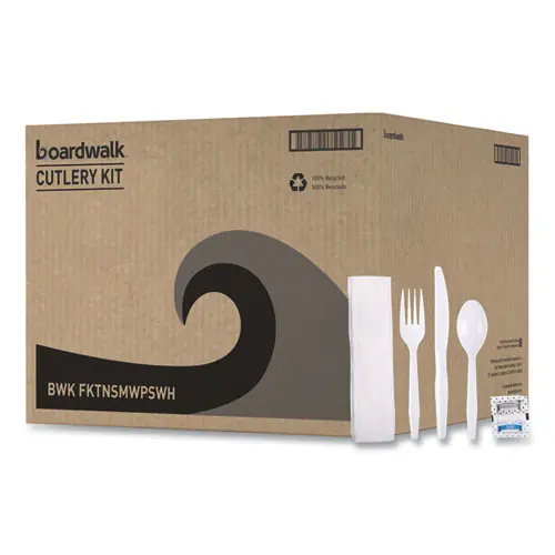 Boardwalk® Six-Piece Cutlery Kit, Mediumweight, Plastic, White, 250/Carton