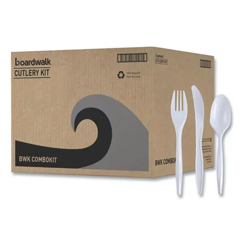Boardwalk® Three-Piece Cutlery Kit, Mediumweight, Fork/Knife/Spoon, Plastic, White, 250/Carton