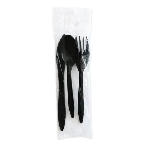 Boardwalk® Three-Piece Polystyrene Cutlery Kit, Mediumweight, Fork/Knife/Spoon, Plastic, Black, 250/Carton