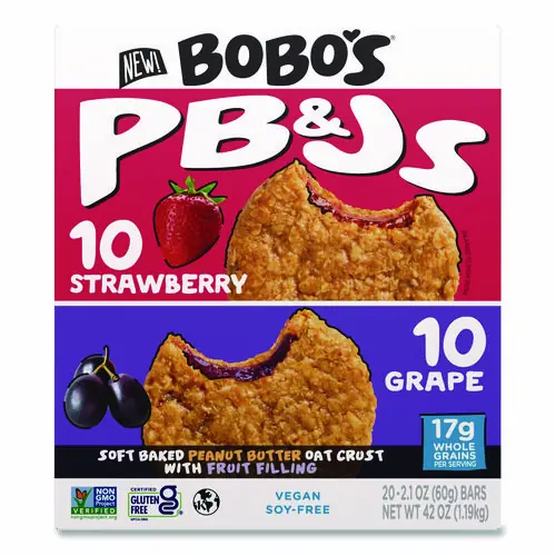 Bobo's PB and J Variety Pack, Peanut Butter/Grape and Peanut Butter/Strawberry, 2.1 oz Bars, 12/Box