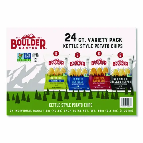 Boulder Canyon® Chips Variety Pack, Hickory Barbeque, Sea Salt, Sea Salt and Cracked Pepper, Olive Oil, 1.5 oz, 24/Carton