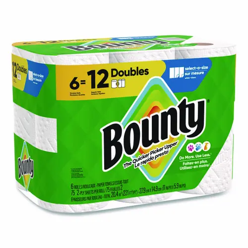 Bounty® Select-a-Size Kitchen Roll Paper Towels, 2-Ply, White, 75 Sheets/Roll, 6 Triple Rolls/Pack, 6 Packs/Carton