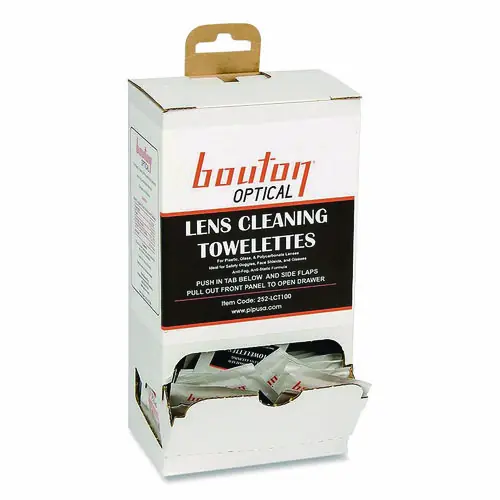 Bouton® Optical Lens Cleaning Towelettes, Individually Wrapped in Dispenser Box, 100/Box