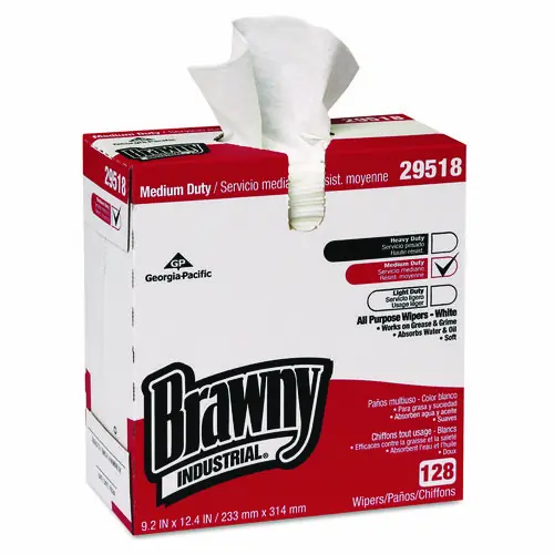 Brawny® Professional Airlaid Medium Duty Wipers, 1-Ply, 9.2" x 12.4", Unscented, White, 128 Wipes/Box, 10 Boxes/Carton (Extended Delivery Time)