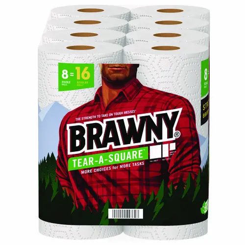 Brawny® Tear-A-Square Perforated Kitchen Roll Towels, Double Roll, 2-Ply, 11" x 11", White, 120 Sheets/Roll, 8 Rolls/Pack