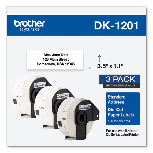 Brother Die-Cut Address Labels, 1.1 x 3.5, White, 400 Labels/Roll, 3 Rolls/Pack