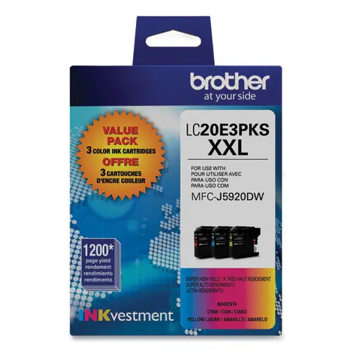 Brother LC20E3PKS Super High-Yield Ink Cartridge Set, Cyan/Magenta/Yellow, 3-Pack