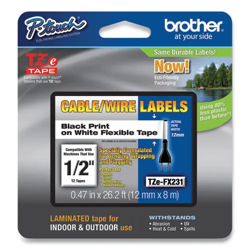 Brother P-Touch® Flexible ID Tape, 0.47" x 26.2 ft, Black on White
