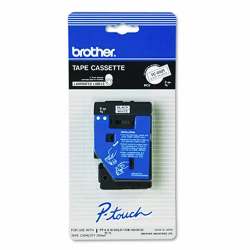 Brother P-Touch® TC Tape Cartridge for P-Touch Labelers, Black on White, 0.37" x 25.2 ft