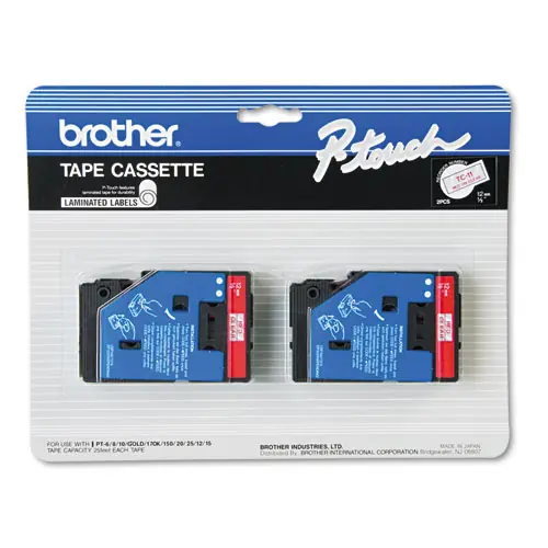 Brother P-Touch® TC Tape Cartridges for P-Touch Labelers, 0.47" x 25.2 ft, Red on Clear, 2/Pack
